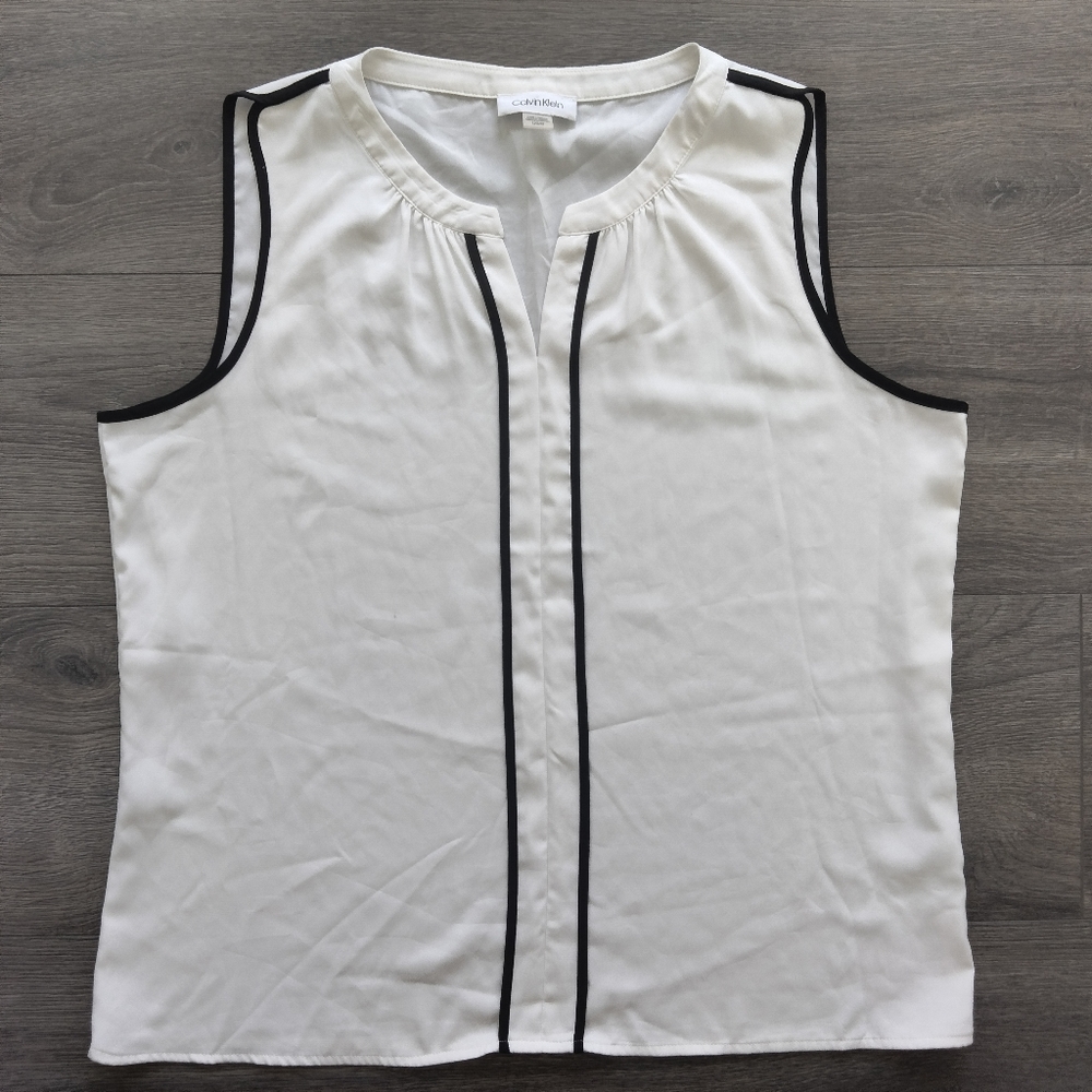 Calvin Klein Black & White Sleeveless Career Blouse Top Size L Pipping-Hem READ